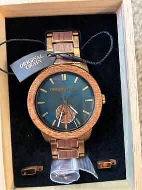 Original Grain Sapele Teal Dial Bronze Barrel Wood & Steel Watch 46mm
